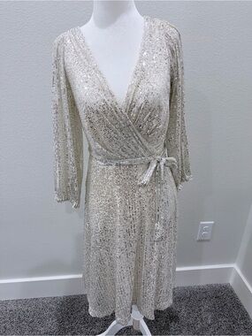 DKNY Champagne Sequin Wrap Midi Dress